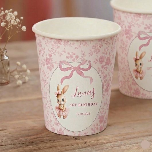 Pink Bunny First Birthday Personalized Party Cups 紙コップ