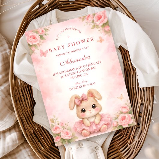 Pink Bunny Floral Baby Shower 招待状