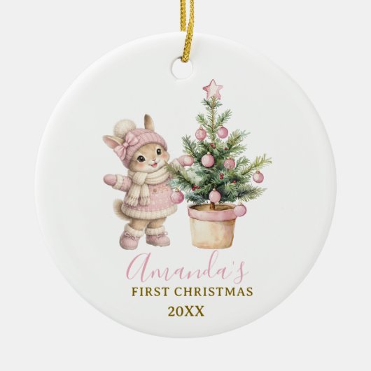 Pink Bunny Girl Rabbit First Christmas Keepsake セラミックオーナメント (正面)