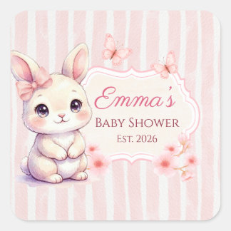 Pink Bunny Girl Watercolor Stripes Baby Shower スクエアシール