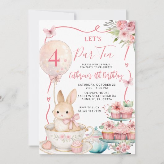 Pink Bunny Tea Party Birthday Let’s Par Tea 招待状 (正面)