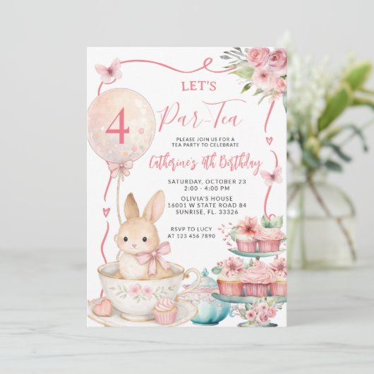 Pink Bunny Tea Party Birthday Let’s Par Tea 招待状 (スタンド正面)