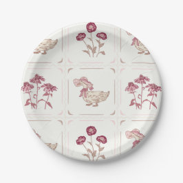 Pink, Burgundy and Brown Flowers and Ducks ペーパープレート