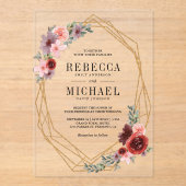 Pink Burgundy Floral Gold Wedding アクリル招待状 (正面)