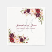 Pink Burgundy Floral Monogram Watercolor Wedding スタンダードカクテルナプキン (正面)