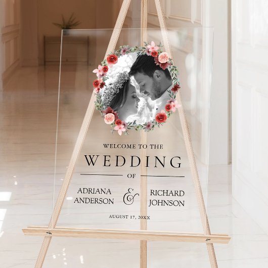 Pink Burgundy Floral Photo Wedding Welcome Sign アクリルサイン