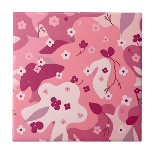 Pink Burgundy Flowery Camo Ceramic Tile タイル (正面)