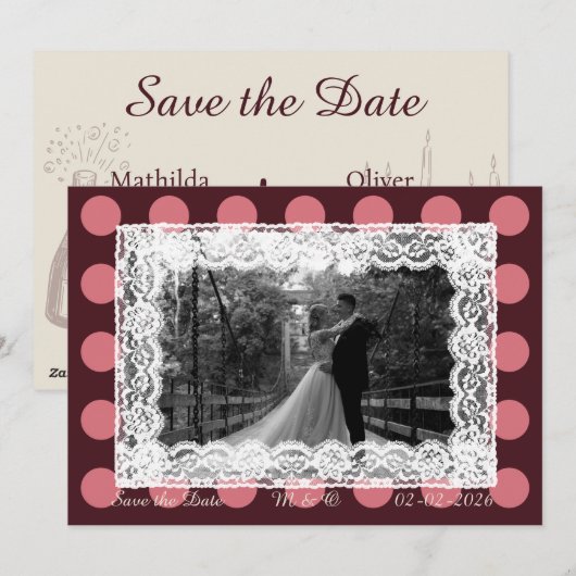 Pink &Burgundy Polka Dot Vintage Lace Invitation 招待状 (正面/裏面)