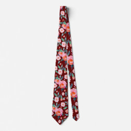 Pink Burgundy Watercolor Rose Pattern Wedding ネクタイ