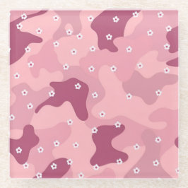 Pink Burgundy White Flowers Camo Glass Coaster ガラスコースター