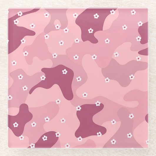 Pink Burgundy White Flowers Camo Glass Coaster ガラスコースター (正面)
