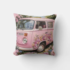 Pink Bus Beach Wall Art, Retro Van Print Californa クッション