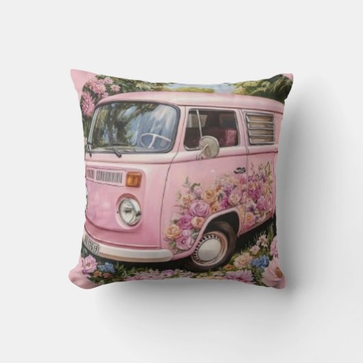 Pink Bus Beach Wall Art, Retro Van Print Californa クッション (正面)