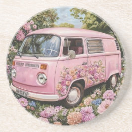Pink Bus Beach Wall Art, Retro Van Print Californa コースター