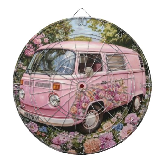 Pink Bus Beach Wall Art, Retro Van Print Californa ダーツボード (正面)