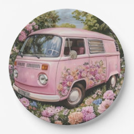 Pink Bus Beach Wall Art, Retro Van Print Californa ペーパープレート