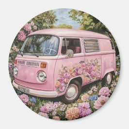 Pink Bus Beach Wall Art, Retro Van Print Californa マグネット