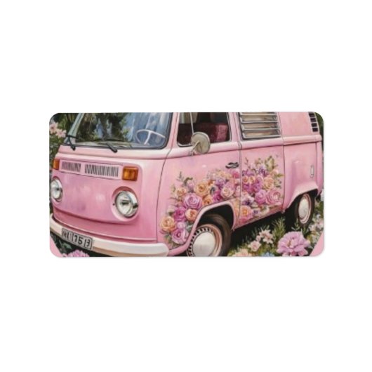Pink Bus Beach Wall Art, Retro Van Print Californa ラベル (正面)
