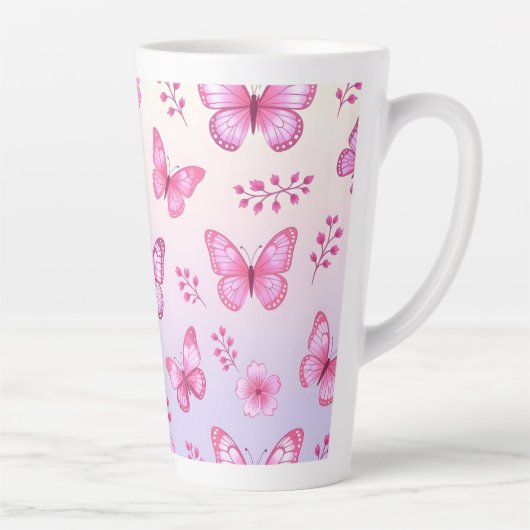 Pink butterflies and flowers pattern カフェラテマグ (右)