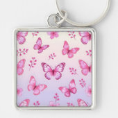 Pink butterflies and flowers pattern キーホルダー (正面)