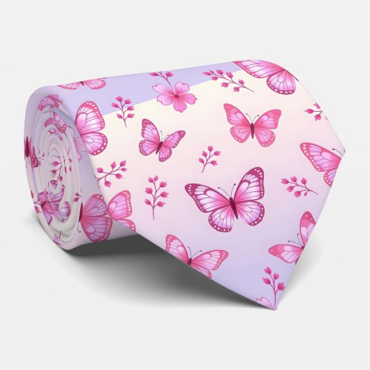 Pink butterflies and flowers pattern ネクタイ (ロール)