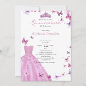 Pink Butterflies Dress and Tiara Photo Quinceanera 招待状 (正面)