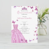 Pink Butterflies Dress and Tiara Photo Quinceanera 招待状 (スタンド正面)