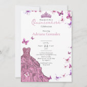 Pink Butterflies Dress and Tiara Photo Quinceanera 招待状 (正面)