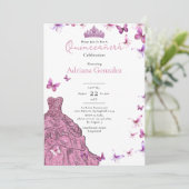 Pink Butterflies Dress and Tiara Photo Quinceanera 招待状 (スタンド正面)