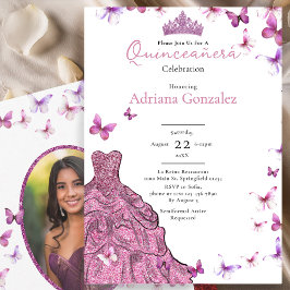 Pink Butterflies Dress and Tiara Photo Quinceanera 招待状