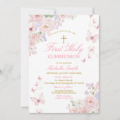 Pink Butterflies Dusty Floral First Holy Communion 招待状 (正面)