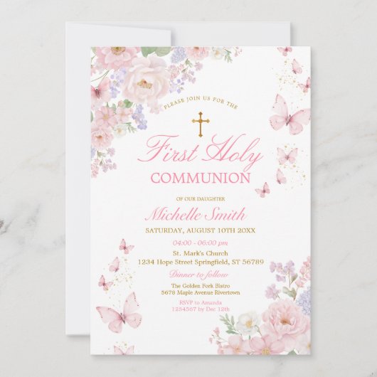 Pink Butterflies Dusty Floral First Holy Communion 招待状 (正面)