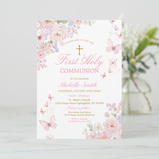 Pink Butterflies Dusty Floral First Holy Communion 招待状 (スタンド正面)