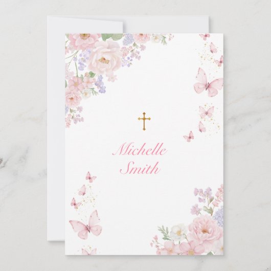 Pink Butterflies Dusty Floral First Holy Communion 招待状 (裏面)