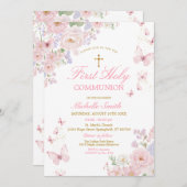 Pink Butterflies Dusty Floral First Holy Communion 招待状 (正面/裏面)
