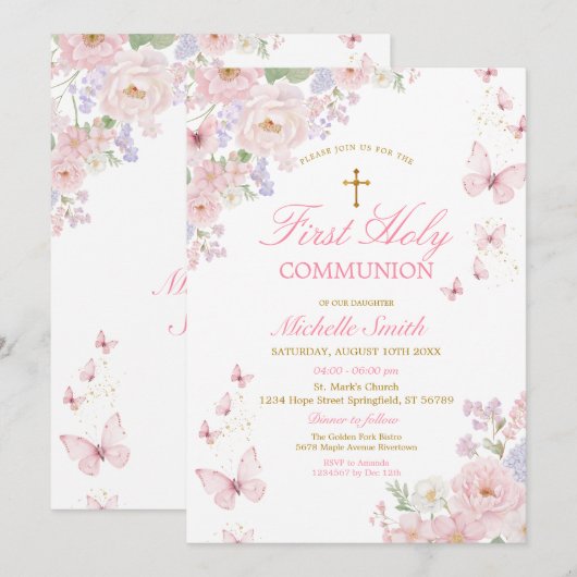 Pink Butterflies Dusty Floral First Holy Communion 招待状 (正面/裏面)