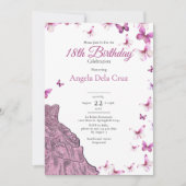 Pink Butterflies Fancy Dress 18th Birthday Debut 招待状 (正面)