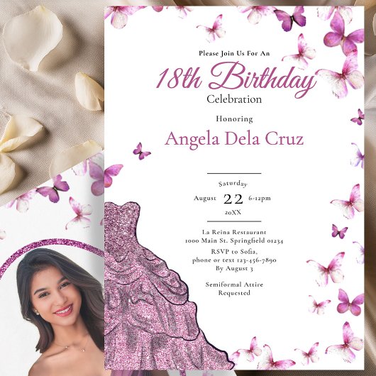 Pink Butterflies Fancy Dress 18th Birthday Debut 招待状