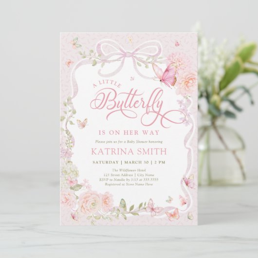 Pink Butterfly Baby Girl Baby Shower 招待状 (スタンド正面)