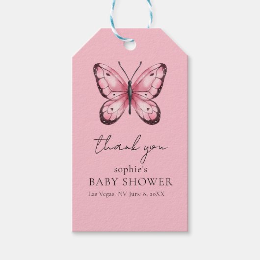 Pink Butterfly Baby Shower ギフトタグ (正面)