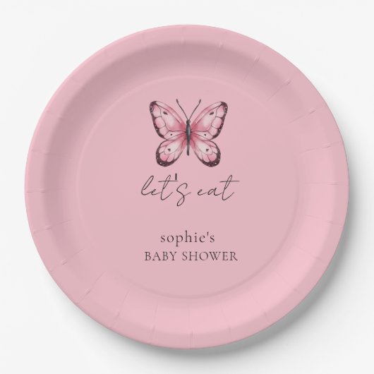 Pink Butterfly Baby Shower ペーパープレート (正面)