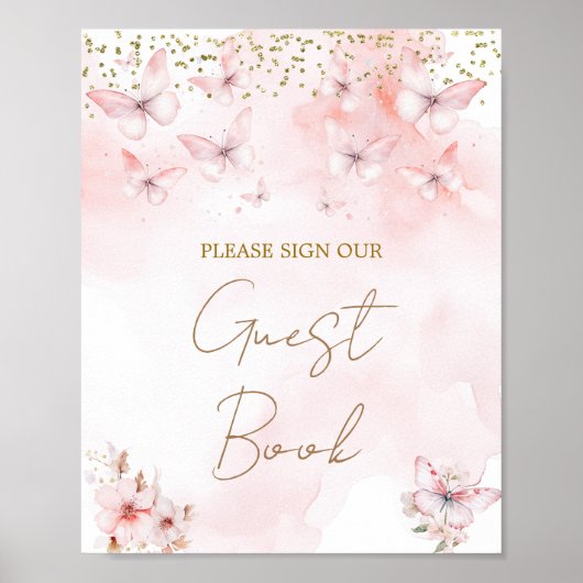 Pink Butterfly Baby Shower Girl Guest Book ポスター (正面)