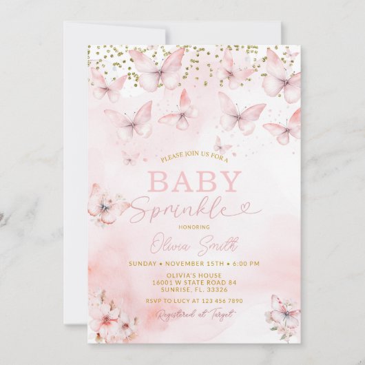 Pink Butterfly Baby Sprinkle Girl Invitation  招待状 (正面)