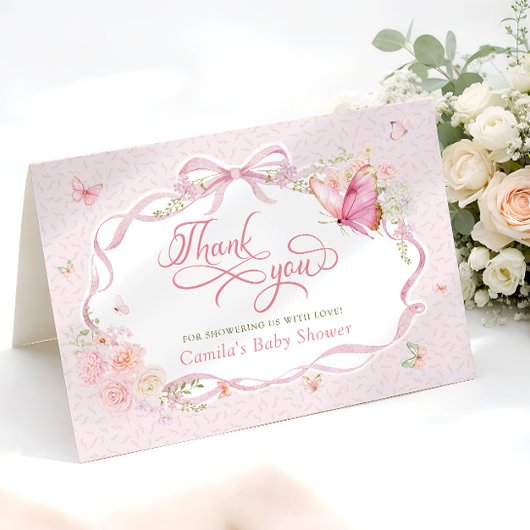 Pink Butterfly Bloom Baby Shower Thank You Card サンキューカード