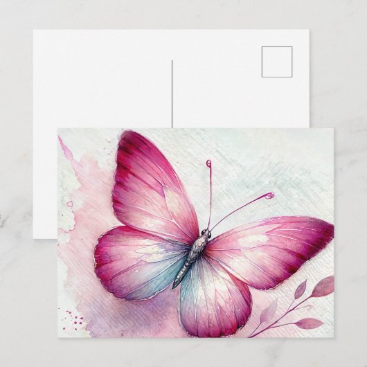 Pink Butterfly Botanical Watercolor ポストカード (正面/裏面)