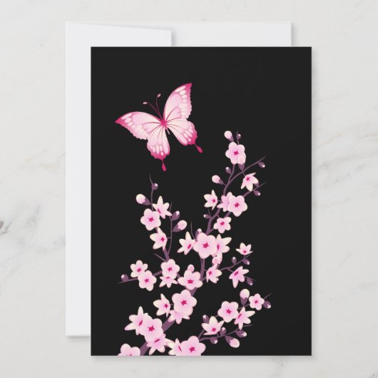 Pink Butterfly Cherry Blossom Black  招待状 (裏面)