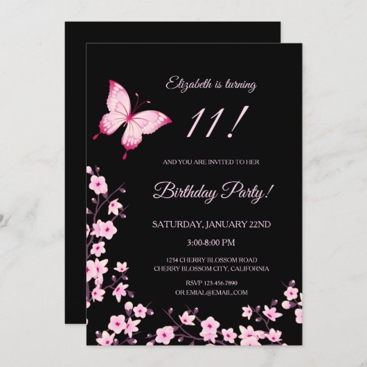 Pink Butterfly Cherry Blossom Black  招待状 (正面/裏面)