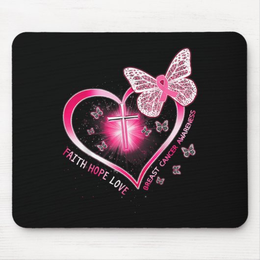 Pink Butterfly Cross Faith Hope Love Breast Cancer マウスパッド (正面)
