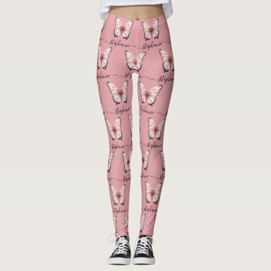 Pink Butterfly Custom Name Leggings レギンス (正面)