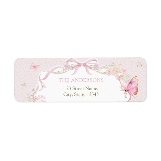 Pink Butterfly Floral Return Address Label ラベル (正面)